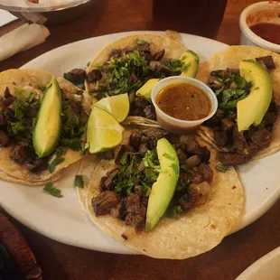 Street tacos were full of meat, nice slices of avocado and tasty!