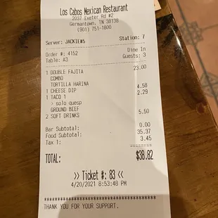 Our dinner ticket.  Great price!