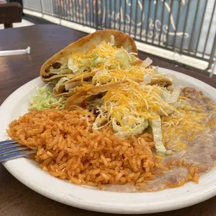 3 Shredded Beef Tacos with rice and beans