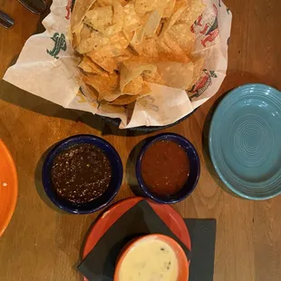 Completely chips and salsa with a small queso