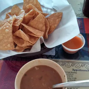 The chips were okay and the salsa was marginal, but the soup or broth they brought out was good and appreciated.