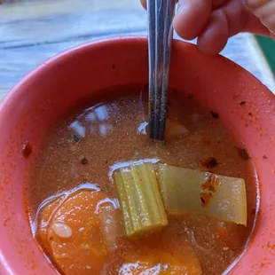 Complimentary soup to the shrimp cocktail