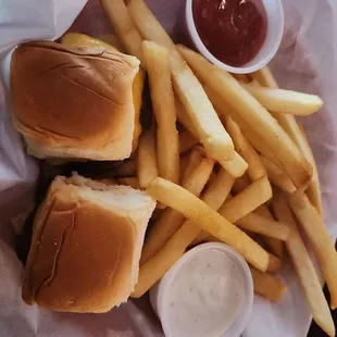 Mini burgers with fries. $12 happy hours