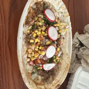 Nacho toppings (chips on side) - got a little shaken when it tipped while driving.