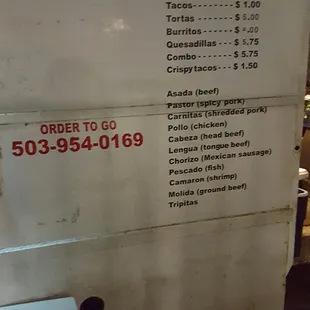 Los Cactus taco truck. Menu and Phone number.