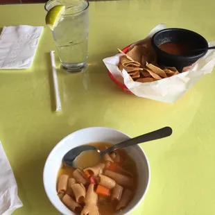 Complimentary soup and chips