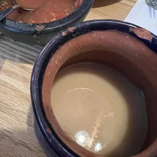 Atole de Guayaba and spicy red salsafor totopos.