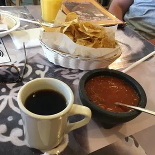 Salsa and chips. Coffee and OJ