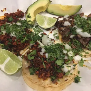 Tacos with beef and chorizo.