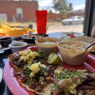 tacos al pastor, beans &amp; rice and chorizo &amp; cheese skillet dip