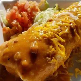 DELICIOUS, FRESH CHICKEN BURRITO, SMOTHERED WITH THEIR HOMEMADE SAUCE.