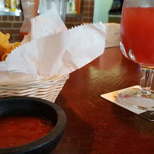 Raspberry margarita and chips and salsa