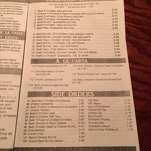 Menu combo dinners, a la carta, side orders