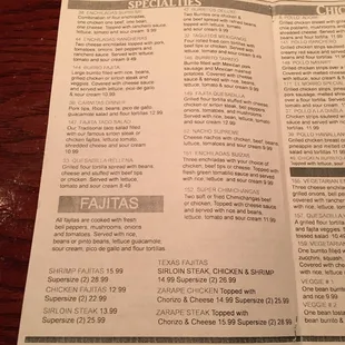 Menu specialties and fajitas