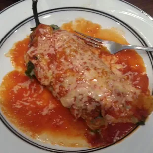 Chile Relleno stuffed with...cheese? no.  Meat?  uhm, no.  How about.....mashed potatoes?  Yep, mashed potatoes. Ugh.