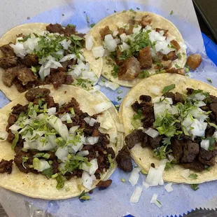 Carne Asada, Al Pastor, Chicharon and Tripas tacos.