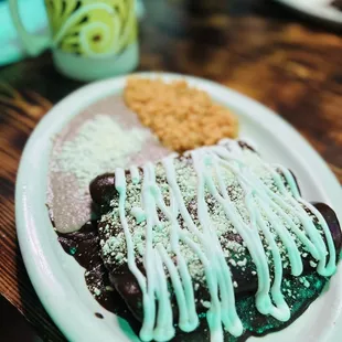 Mole Chicken Enchiladas with rice &amp; beans - yum!