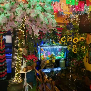 a restaurant decorated for christmas