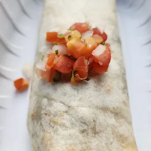 A little mound of Pico De Gallo on my mixed vegetable burrito