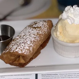 Strawberry Chimichanga with vanilla ice cream and chocolate sauce to drizzle (hot &amp; crispy) YUM