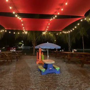 a picnic area at night