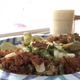 Mulitas Taco Plate with Chupa Chabras and Home Made Horchata in the background