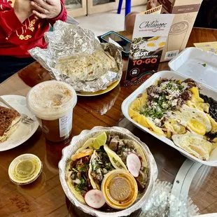 Chilaquiles, 3 tacos, fat boy burrito