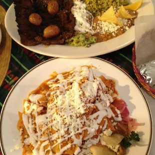 Flank steak above, chicken chipotle chilaquiles below