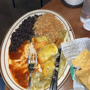 Three enchiladas, rice, and beans(restaurant week special)
