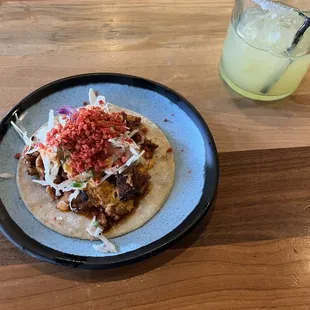 Adobo chicken taco and margarita