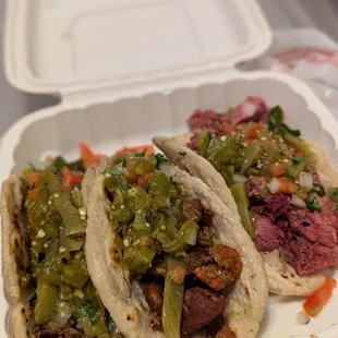 Tacos to go. Carnitas, Chicharrones, lengua.
