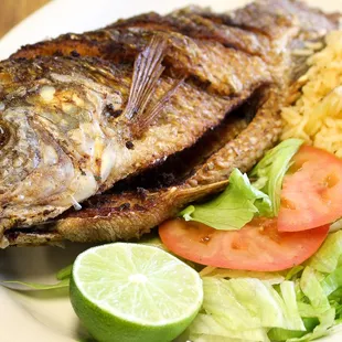 Mojarra Frita with Rice and Salad