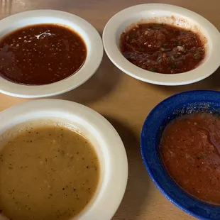 Salsas, four options, mild, medium (cilantro lime), medium hot, habanero (hot)
