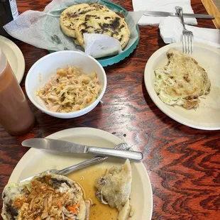 Bean and cheese with loroco pupusa and revueltas pupusas