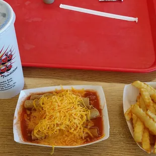 a tray of food and a drink