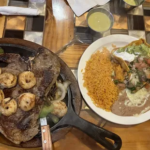 T-Bone &amp; Shrimp. Rice, Beans &amp; salad.