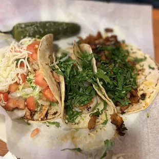 Chicken, Al pastor and beef tacos