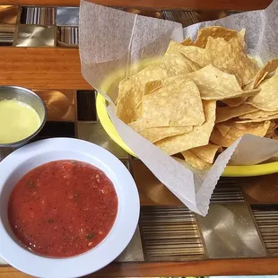 Salsa, green sauce, chips