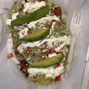 Huarache with chicken. Next time I will ask for a more gringa tortilla. LOL.  My husband loved the masa!