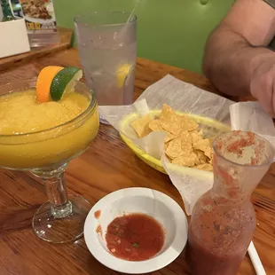 Peach Blended Top Shelf Margarita &amp; chips &amp; salsa.