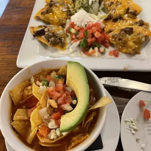 Tortilla soup and fajita nachos; great on a cold day!