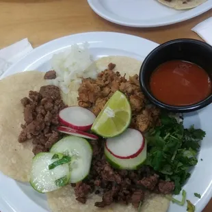 2 tacos de asada y 1 de pastor. Hand made freaking tortillas everyone