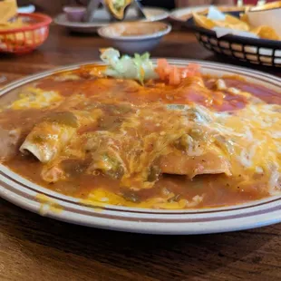 Desebrada enchiladas, Christmas. The red (from powder) is definitely Río Abajo style - quite delicious &amp; unusual for the area.