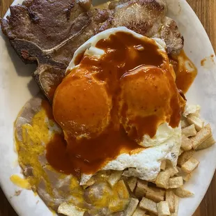 K. Pork Chop and Eggs w/red chile