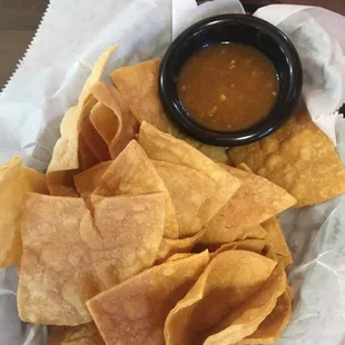 Chips and salsa. The salsa is warm and has a nice spice/heat.