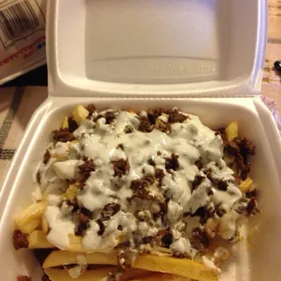 Get the steak and cheese fries!!! Ask for salsa on the side :)