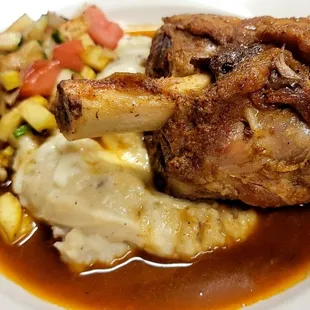 Braised pork shank with garlic mashed potatoes and seasonal veggies (one of our weekly specials)