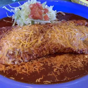 Bean and cheese burrito smothered in red chili