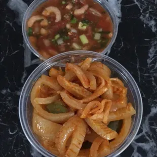 Shrimp ceviche and spicy pork skin