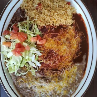 Cheese enchilada plate with red chili